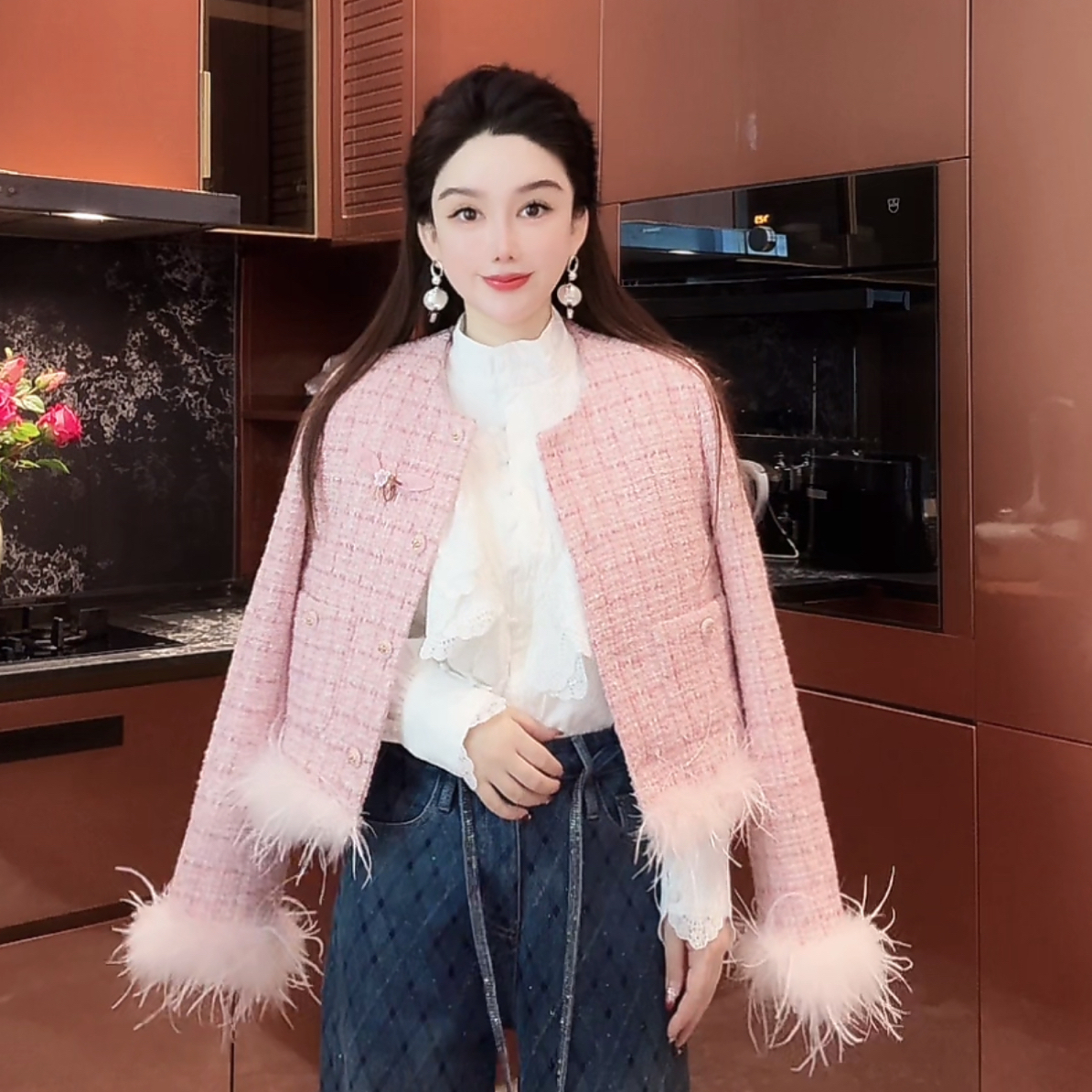 CW.MM 洋气白鸭绒小香风袖口毛毛百搭格纹羽绒外套