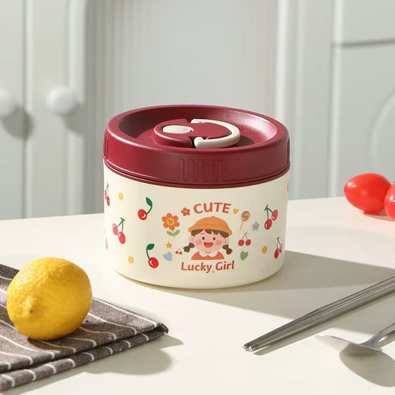 【送勺子】圆形卡通316不锈钢保温饭盒学生微波炉加热上班族便当盒