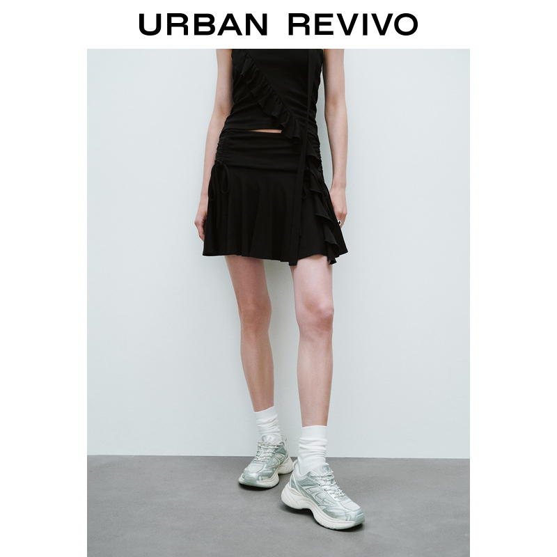 UR2025秋季新款女装休闲简约褶皱抽绳修身半裙UYV550016