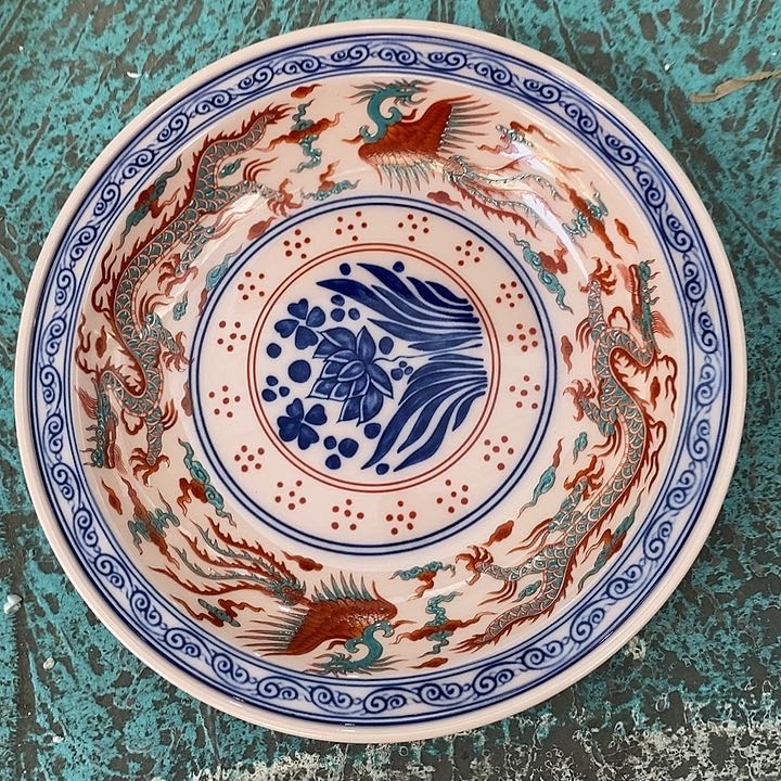 摆件陶红稀土斗彩龙凤盘