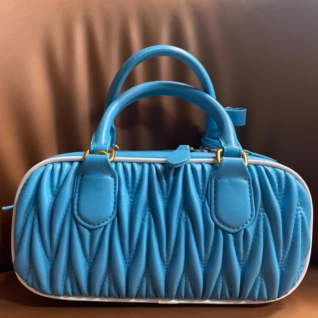 潮流打造真皮女士手提包  0634蓝色22cm褶皱白边保龄球