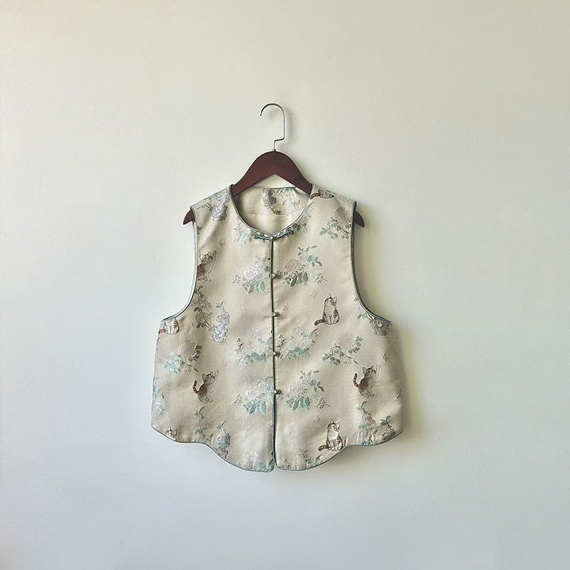 新中式国风满分桑蚕丝宋锦猫咪戏花提花马甲女2025新款秋气质马夹