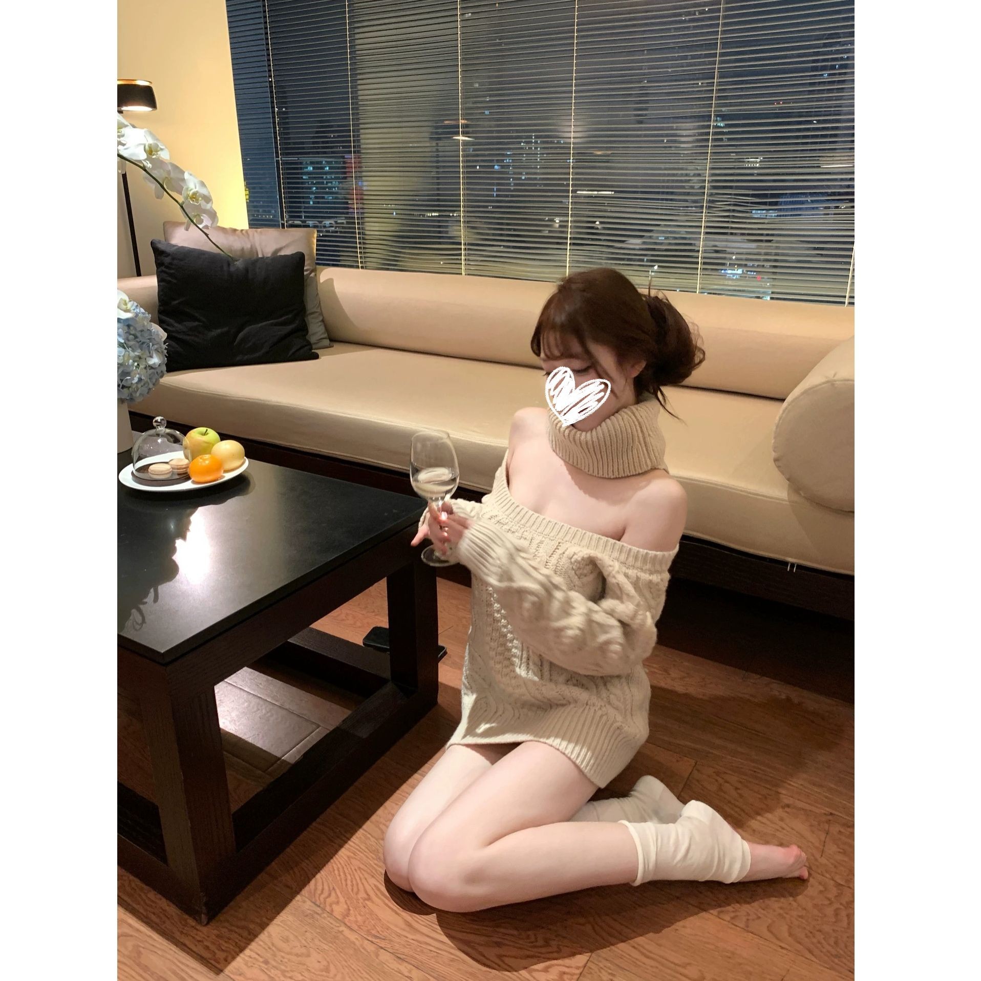 针织开肩毛衣女秋冬季纯色宽松慵懒风上衣3265