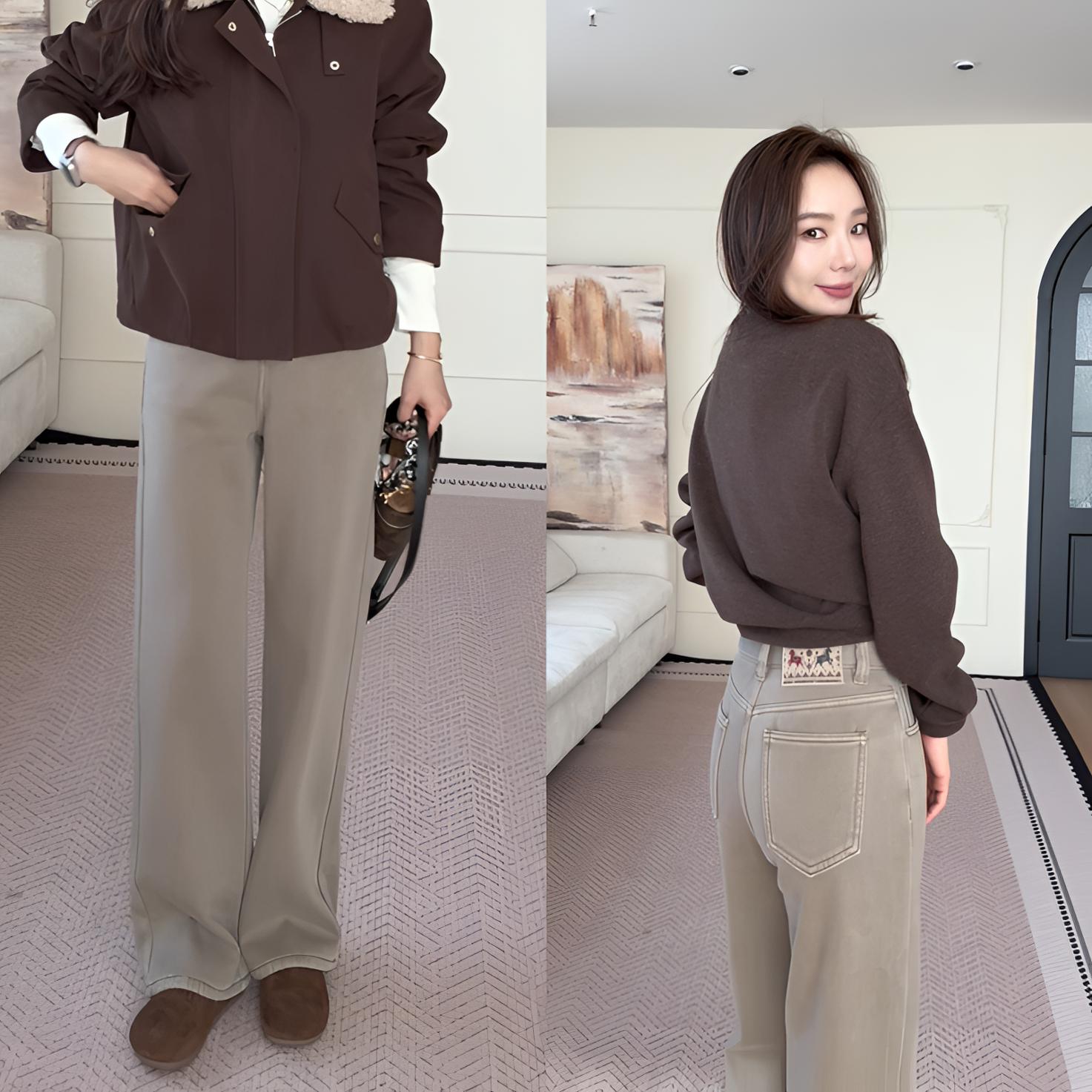 【余欢欢】冬季时尚百搭显瘦厚绒高腰阔腿牛仔裤-YHK50453