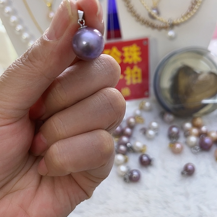 银S925镶嵌紫珠银色瓜子扣淡水珍珠