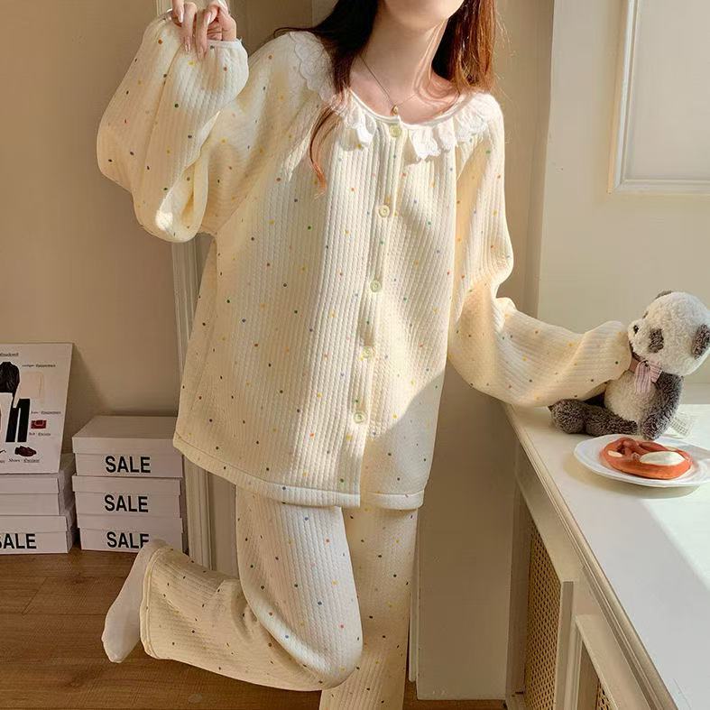 【初融雪花】新款秋冬蕾丝圆领波点睡衣女套装夹棉保暖家居服套装