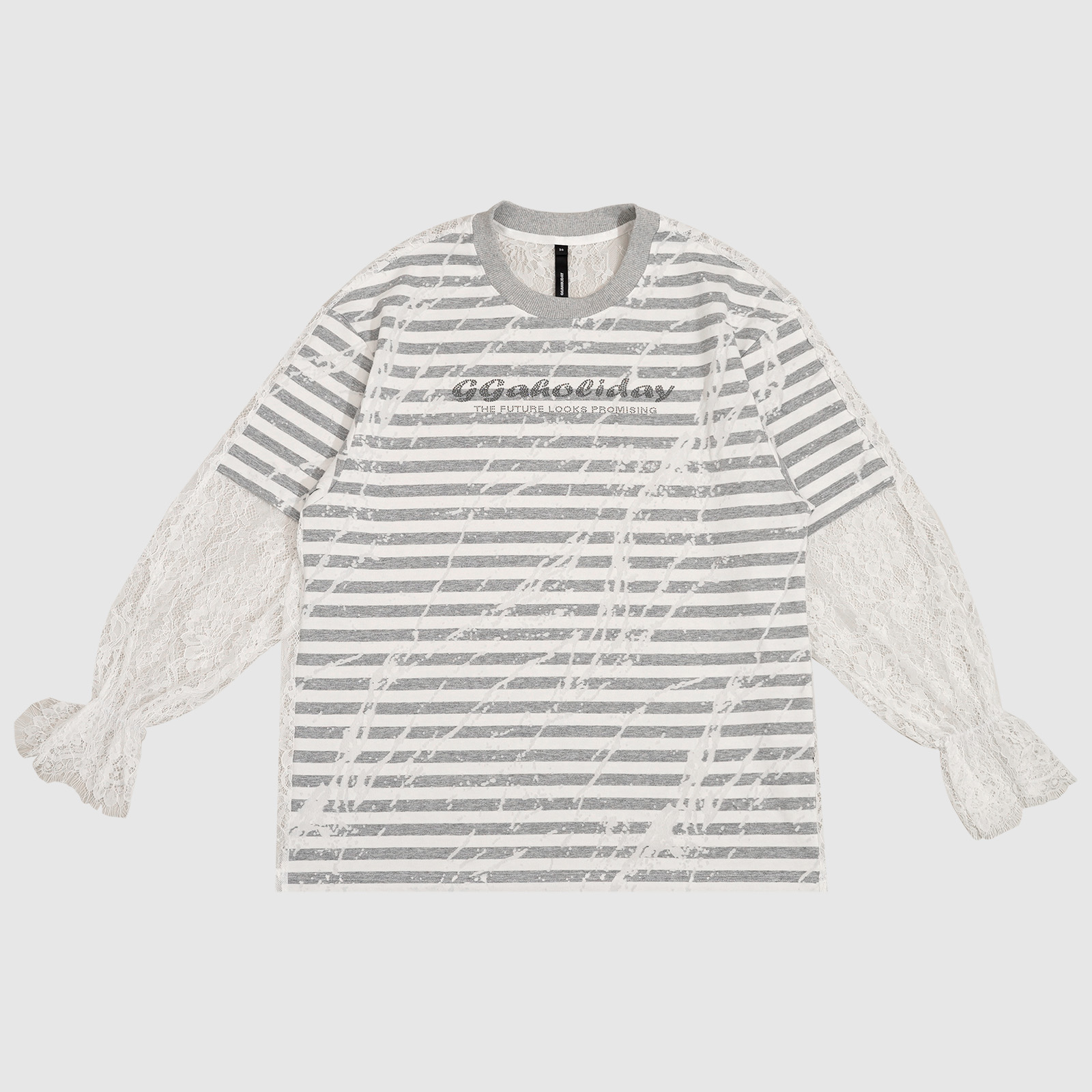 【上新】设计师原创轻奢高级感美式条纹套头蕾丝拼接长袖T恤-152400