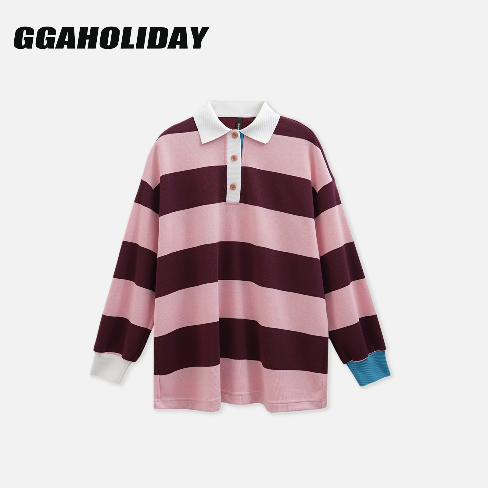 GGAHOLIDAY时尚宽松休闲百搭复古条纹撞色长袖T恤POLO衫-153114