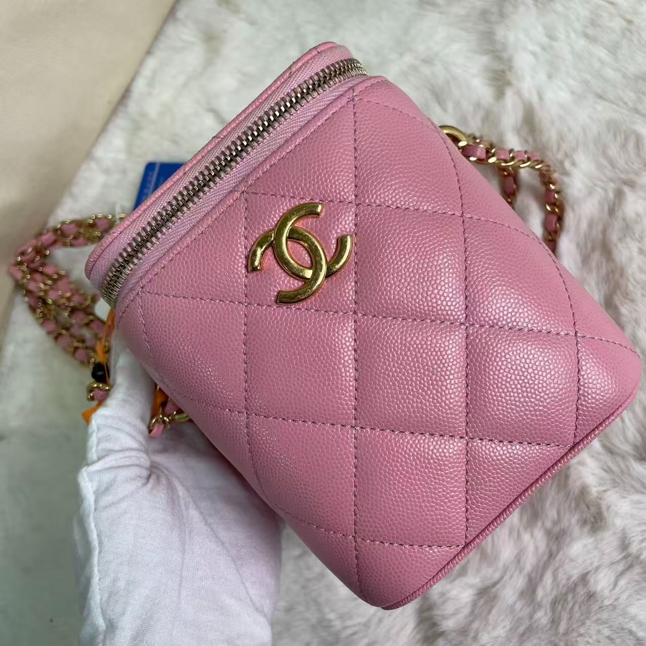 99新 Chanel/香奈儿 22K粉金荔枝牛盒子包/斜跨链条包