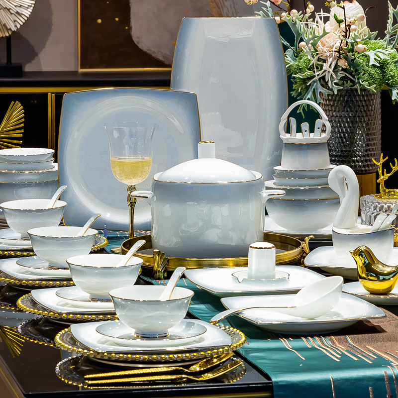 渐变灰62件套方形陶瓷餐具套装景德镇碗碟套装简约结婚碗盘组合