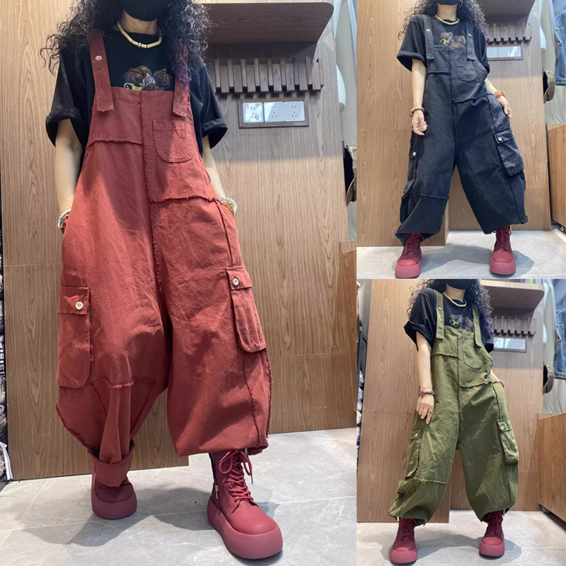 新款个性口袋炒色牛仔背带裤女宽松工装裤显瘦连体裤潮垮裤