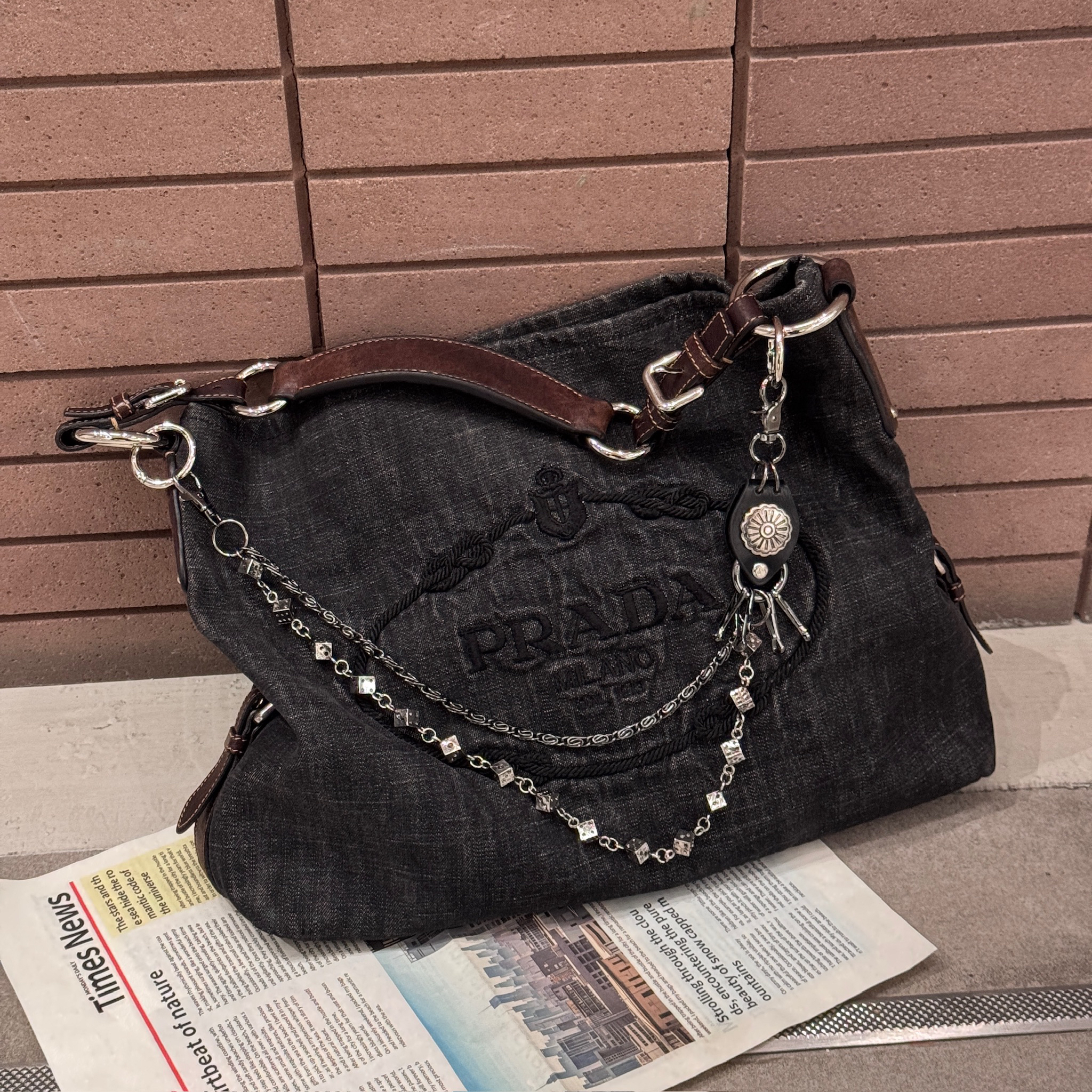 95新 Prada/普拉达 觅时/深灰牛仔丹宁单肩/118516