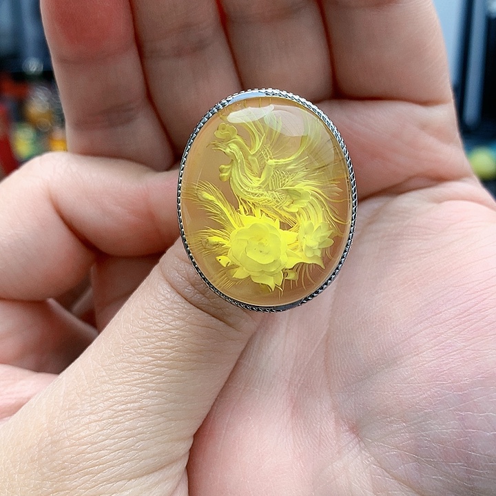 琥珀裸石银S925镶嵌戒指