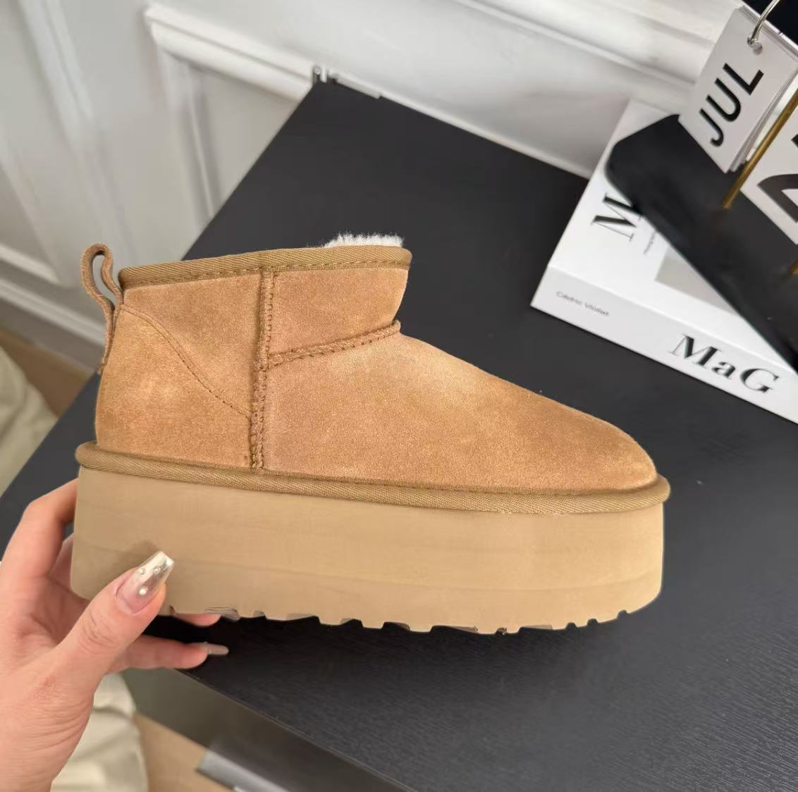 【5cm冬雨】厚底短筒牛皮雪地靴防滑保暖加绒加厚棉鞋