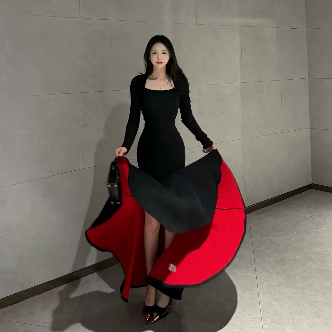 【莹莹推荐】秋冬步步生莲方领性感显瘦包臀鱼尾裙新款气质