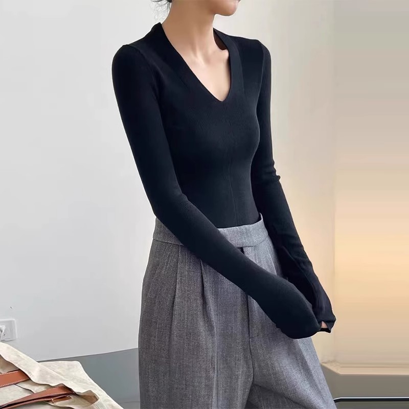 黑色修身针织衫T恤上衣女秋冬高级感独特别致v领超好看内搭打底衫