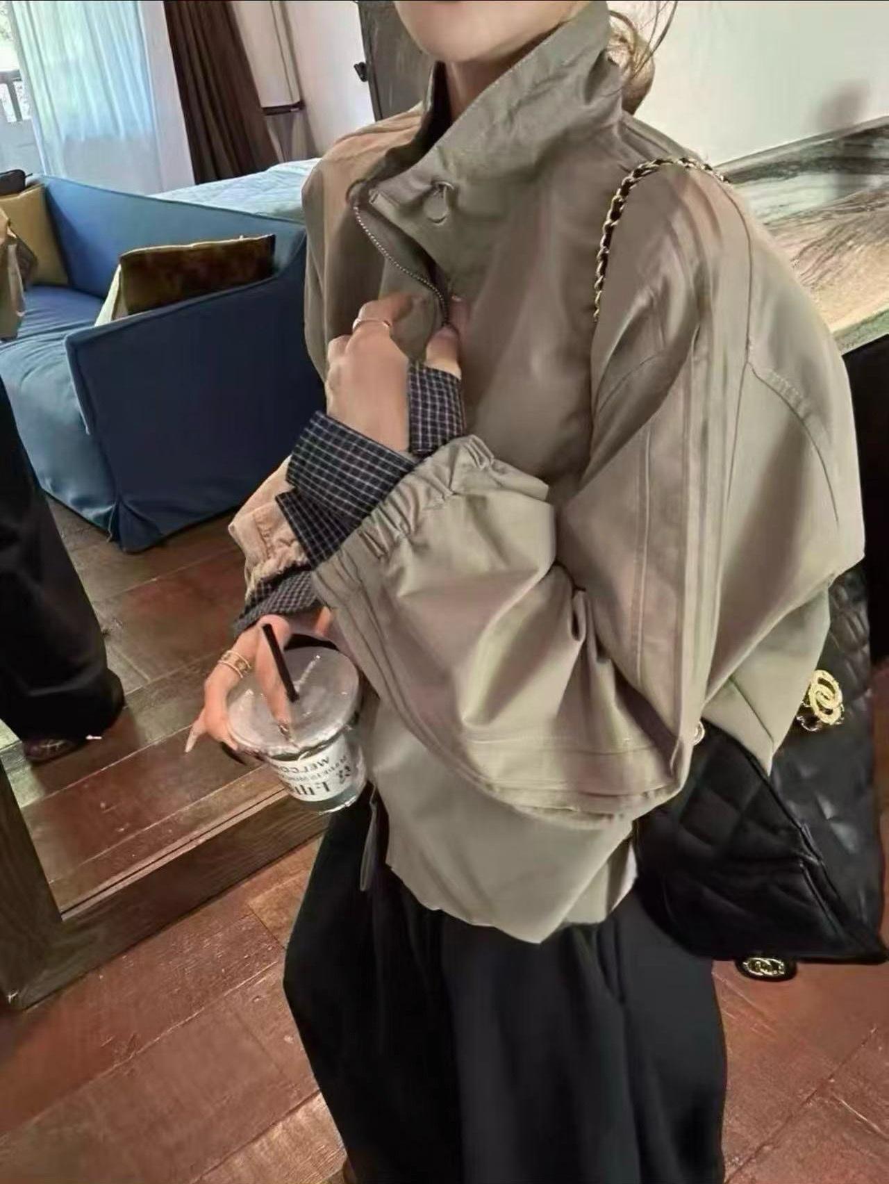 休闲风常规款落肩袖女立领短外套上衣秋季春秋长袖