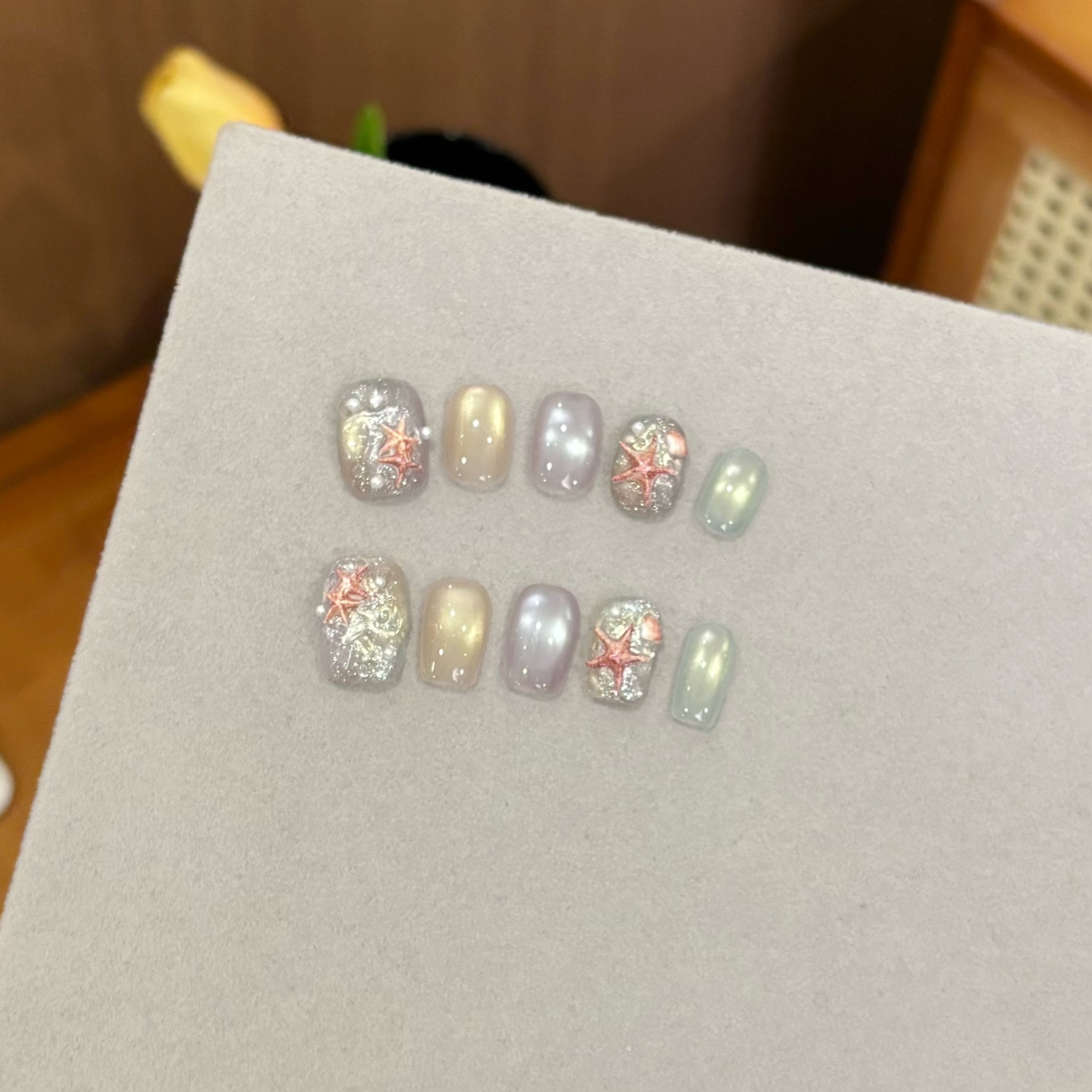 【海星】纯手工穿戴美甲款式推荐猫眼爆款带钻紫色猫眼高颜值中长款