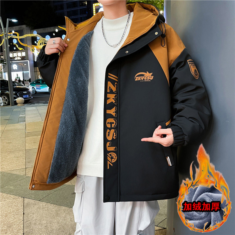 冬季男孩加绒外套连帽宽松加厚棉夹克青少年学生港风小棉衣韩版