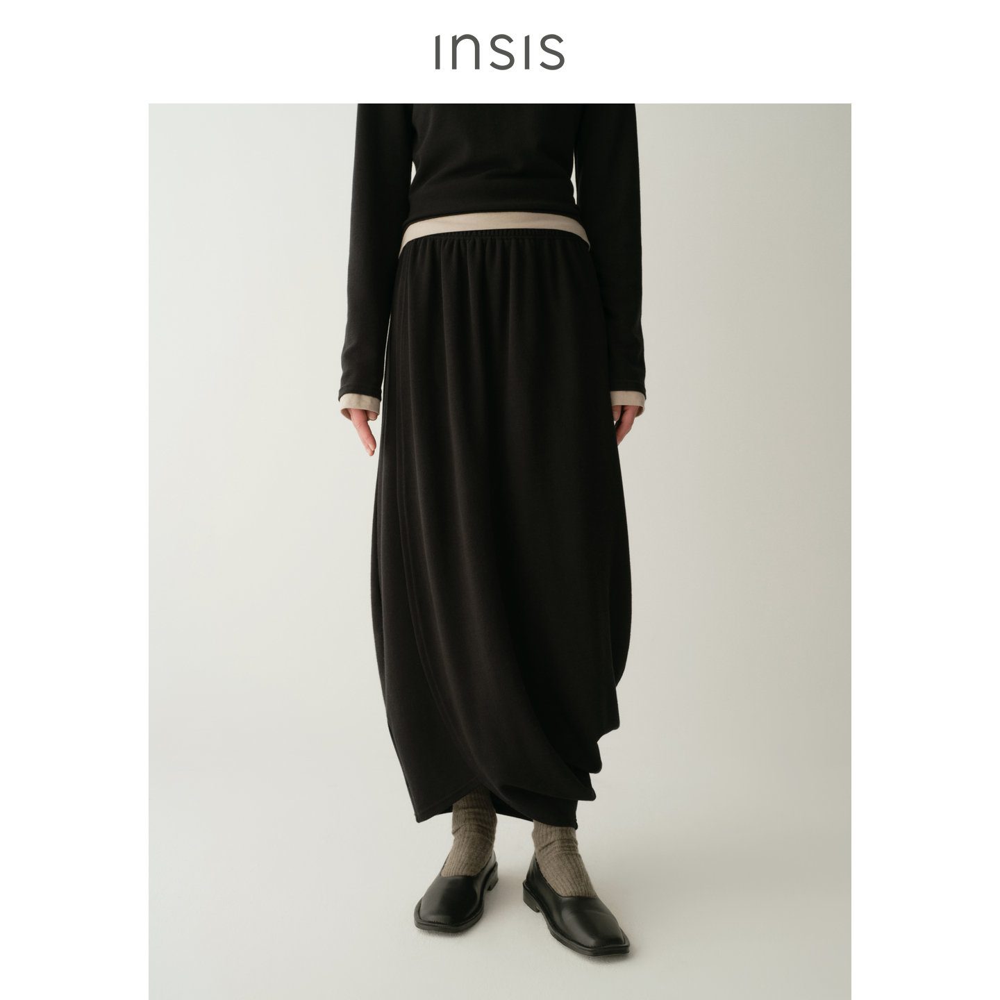 INSIS FEMME天丝绵羊毛2025秋橡筋腰头郁金香复古垂褶花苞半身裙