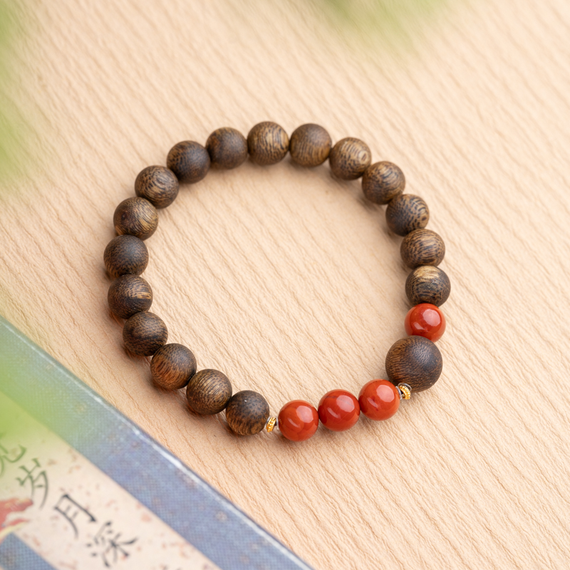 「禧之」18K莺歌绿奇楠8mm南红单圈手串原创设计手链复古文艺手作