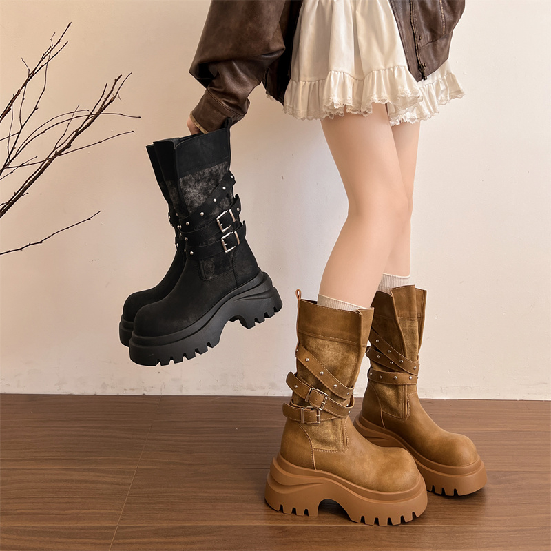 厚底增高中筒马丁靴女款鞋子秋季新款皮带扣机车靴子英伦风骑士靴