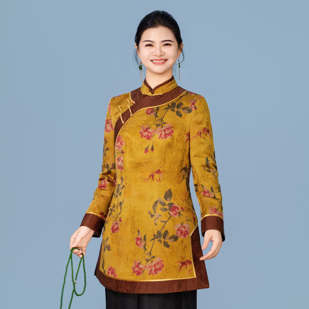 【玫花露】碎花中长款斜襟常规款拼接上衣日常秋冬长袖中式251030L