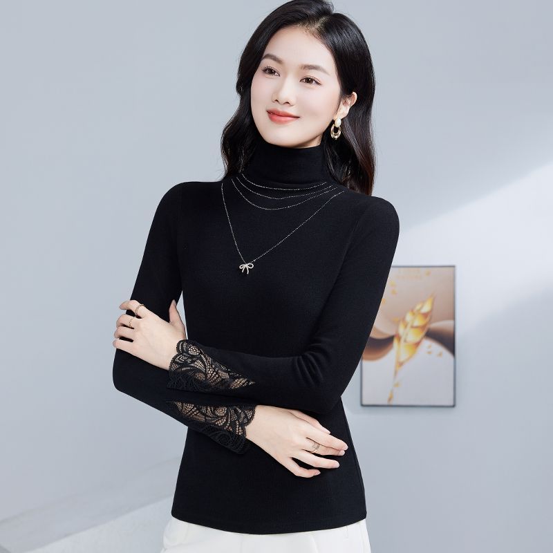 2025秋冬新款加绒蕾丝拼接袖口百搭高领长袖拼接保暖打底T恤上衣