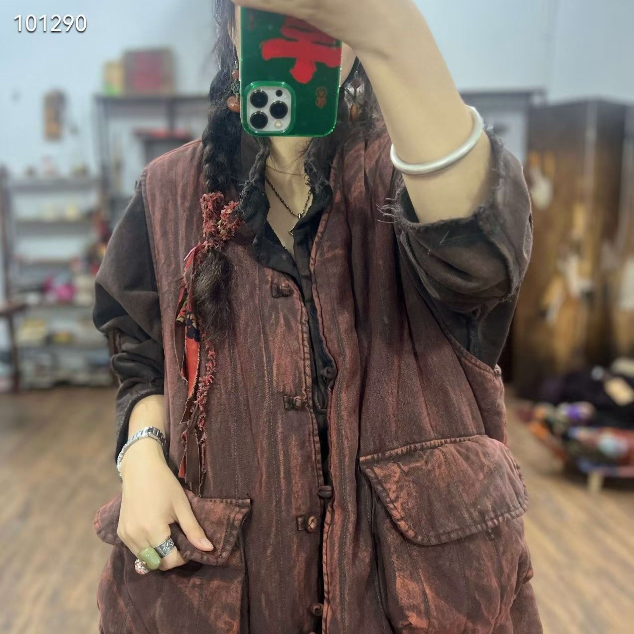 麻苏苏原创  文艺复古植物染色个性格纹棉工艺大口袋加棉马甲