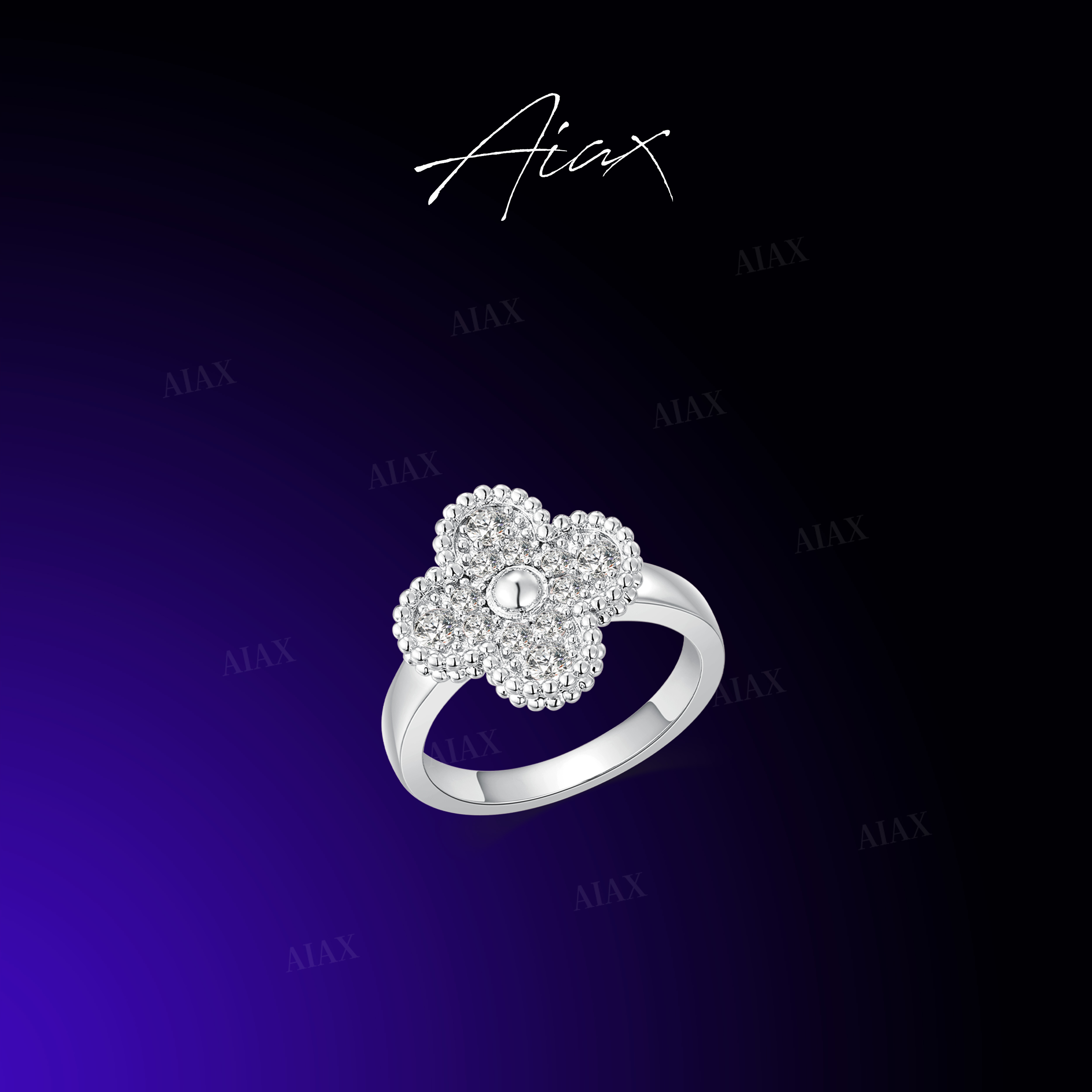 铜合金合成锆石戒指 AIAX 618 经典简约百搭镶嵌四叶戒指TSS7561