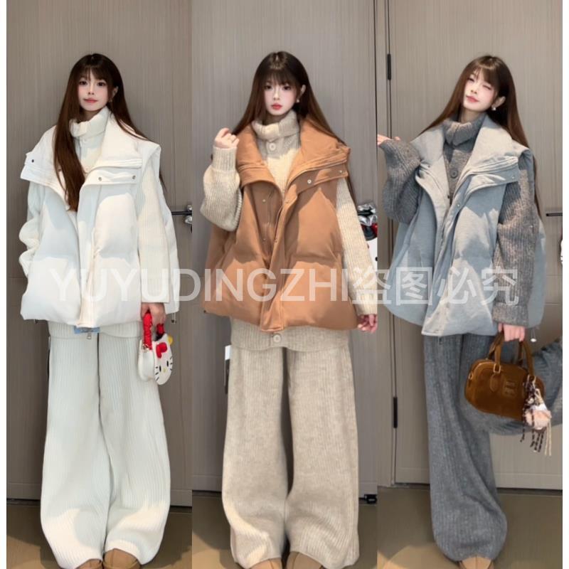 【羊毛套装+运费险】宽松领排扣新款针织女装上衣裤子套装时尚经典