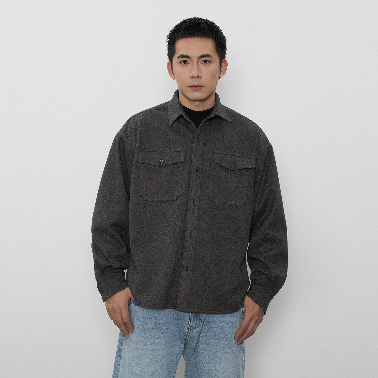 TOPTIER BRO 24AW 420g仿毛呢长袖衬衫男休闲通勤双口袋衬衣秋冬