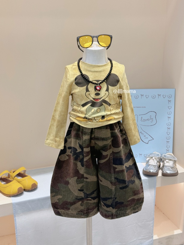 女童秋装卡通长袖T恤迷彩裤子套装女宝洋气打底衫弯刀裤两件套潮