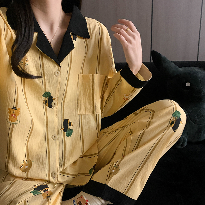 条纹卡通高级感奶黄大牌风睡衣女春秋季长袖云朵纯棉纱套装家居服