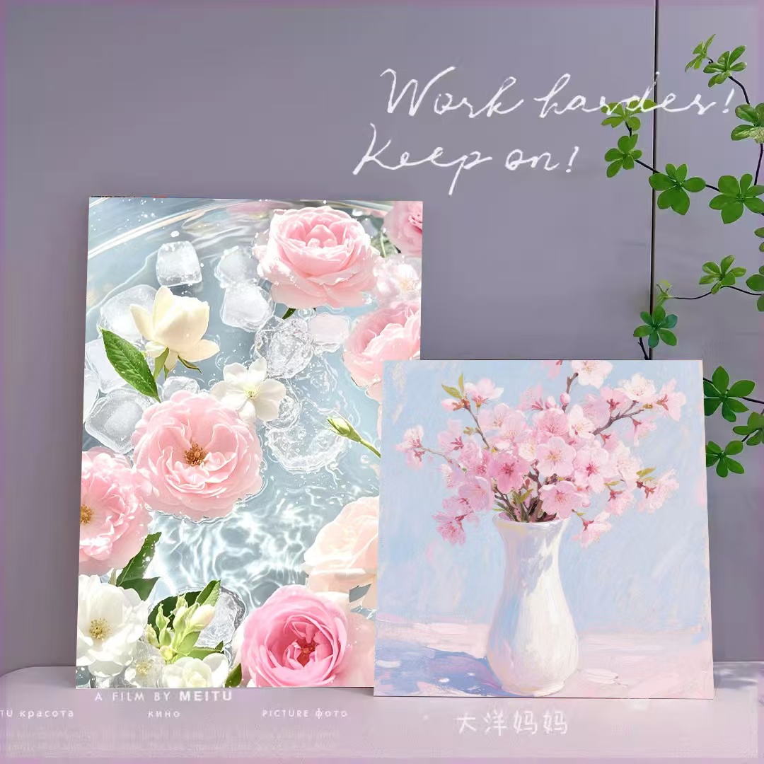 粉色系水中花装饰画ins家居摆件装饰床头装饰画温馨卧室摆件挂画