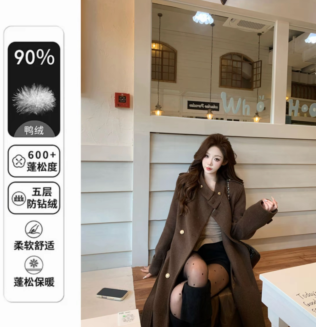 2025年冬季新款圣诞加厚立领棕色毛呢大衣外套女