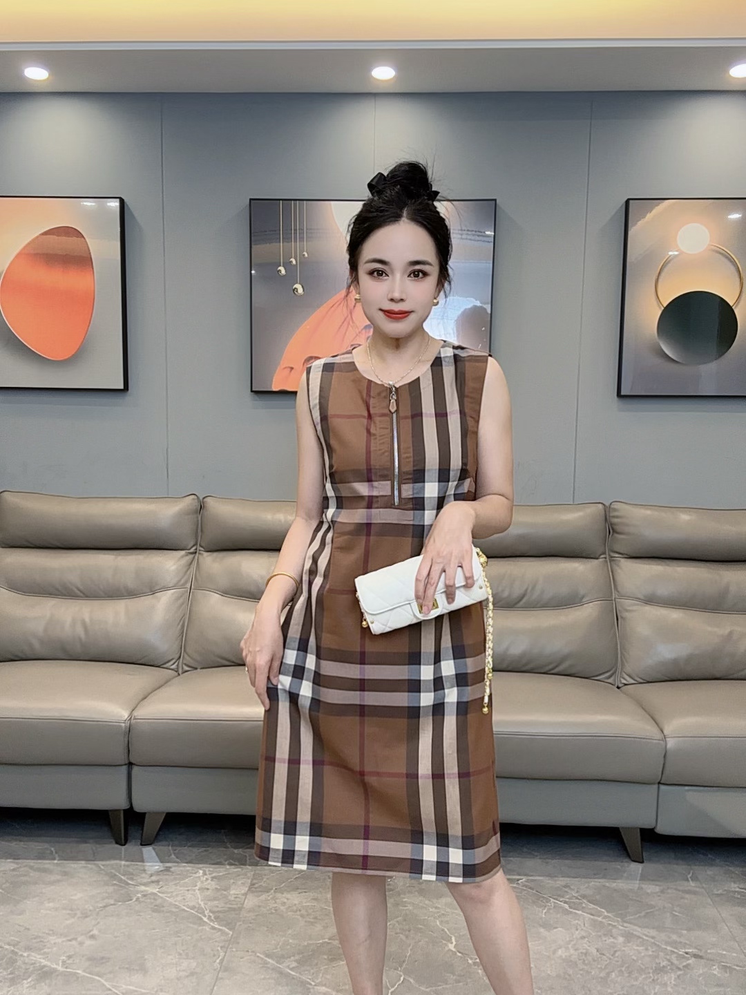 2025夏季拉链格纹格子不规则裙连衣裙旗袍裙子时尚muji风8188