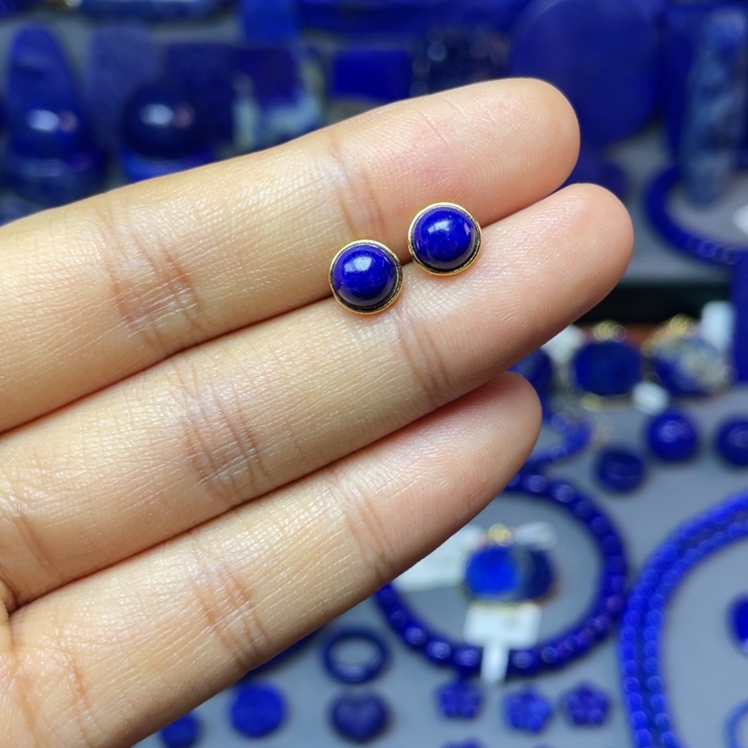 青金石银S925镀金镶嵌7mm耳饰