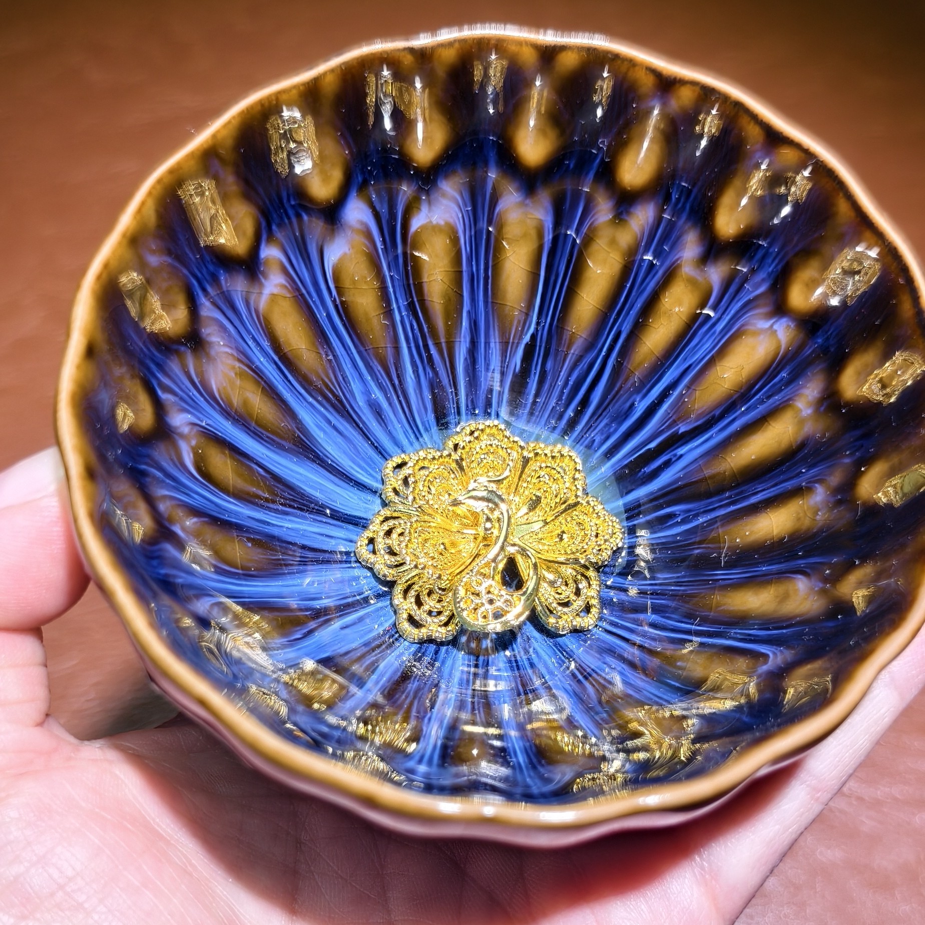 【回蓝孔雀】喝茶喝水品茗杯陶瓷杯主人杯孔雀开屏杯