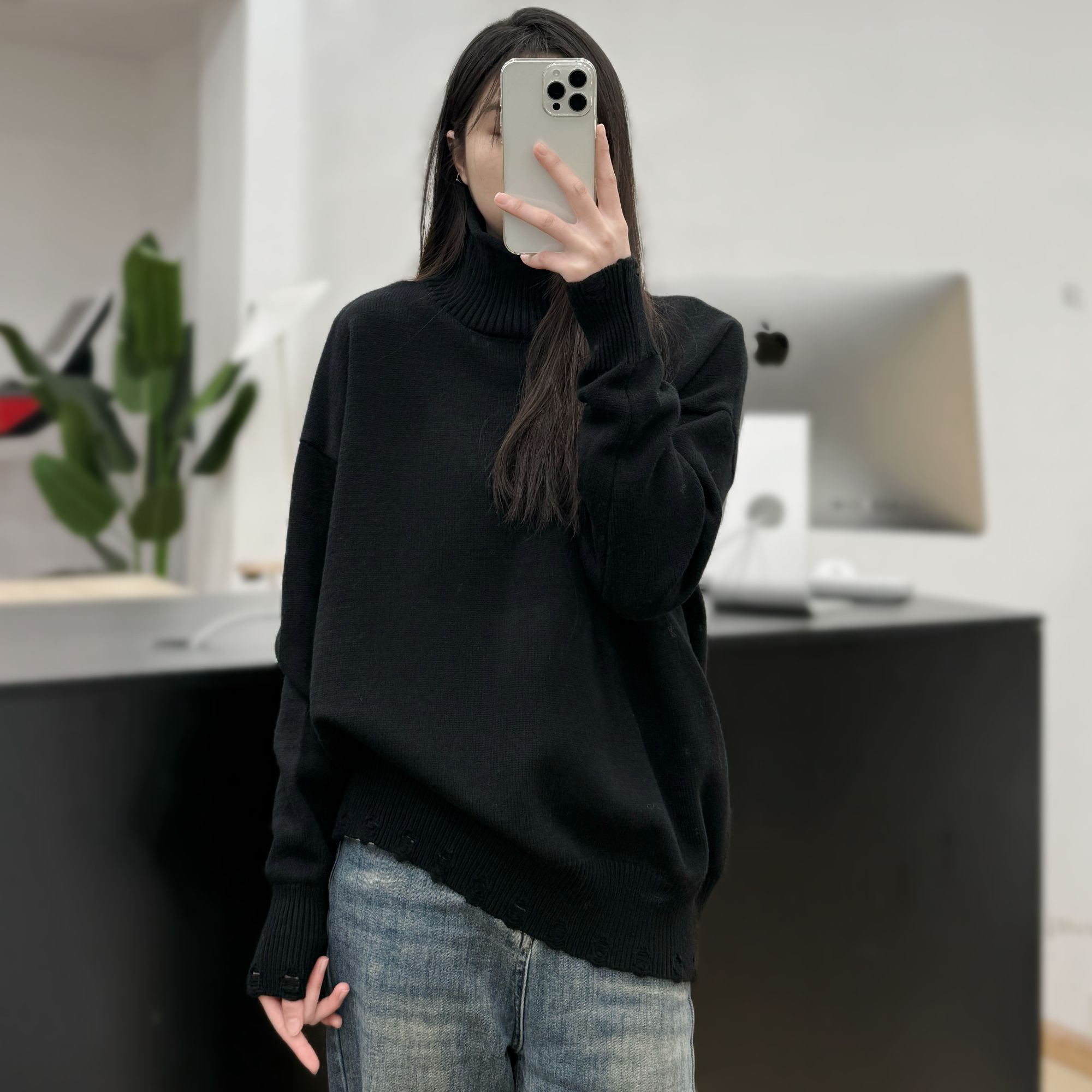 JUANJUAN自制【纯色欧货下摆袖口破洞】设计感百搭高级套头高领毛衣