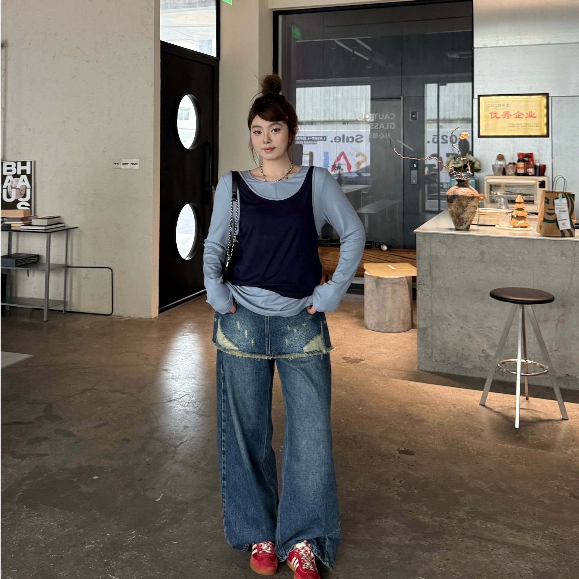 晶咕软软【海盐白沙】韩系休闲时尚拼接撞色假两件长袖T恤