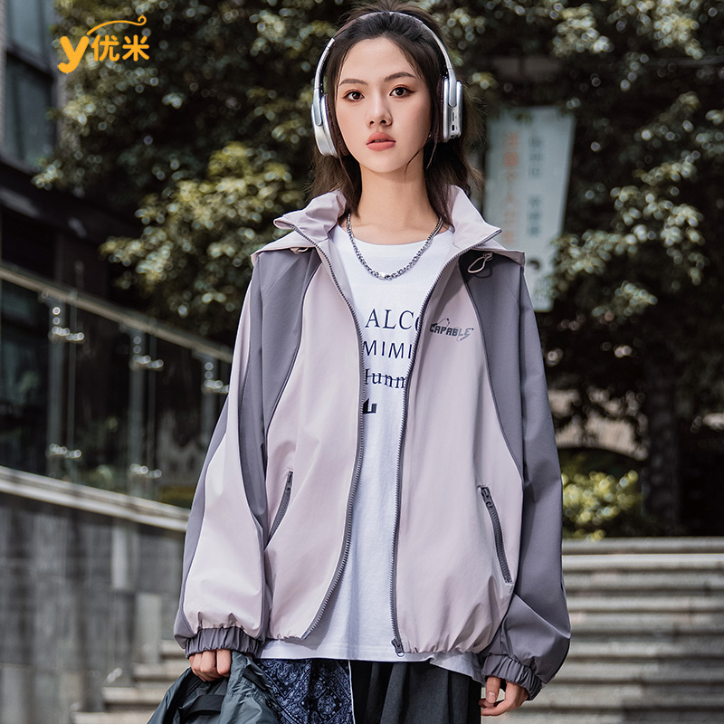 【时尚撞色】连帽青少年女上衣时尚夹克韩版春秋童装B类冲锋衣3602