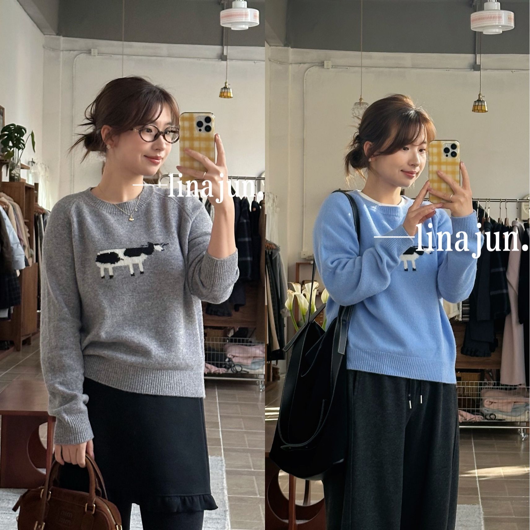 11.22秋冬新款韩系气质圆领两色奶牛卡通图案绵羊毛提花套头毛衣