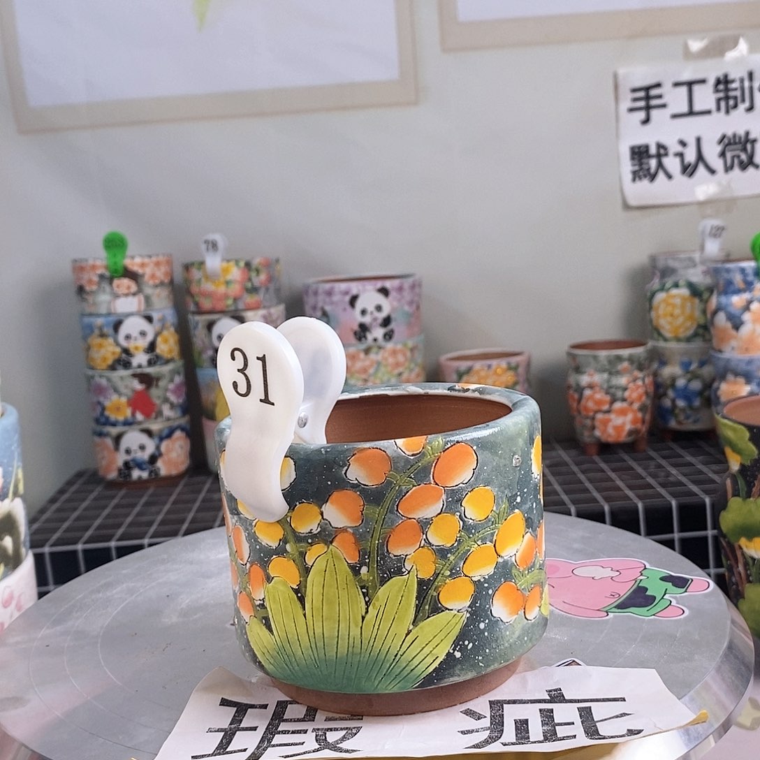紫砂花盆红陶手绘花盆