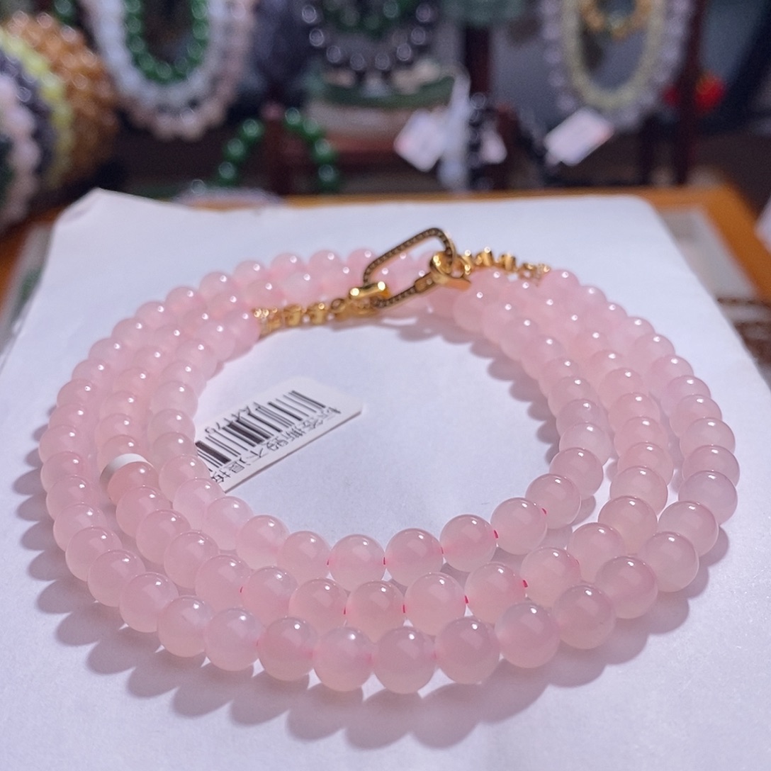 和田玉未镶嵌藕粉银镶樱花粉项链6MM