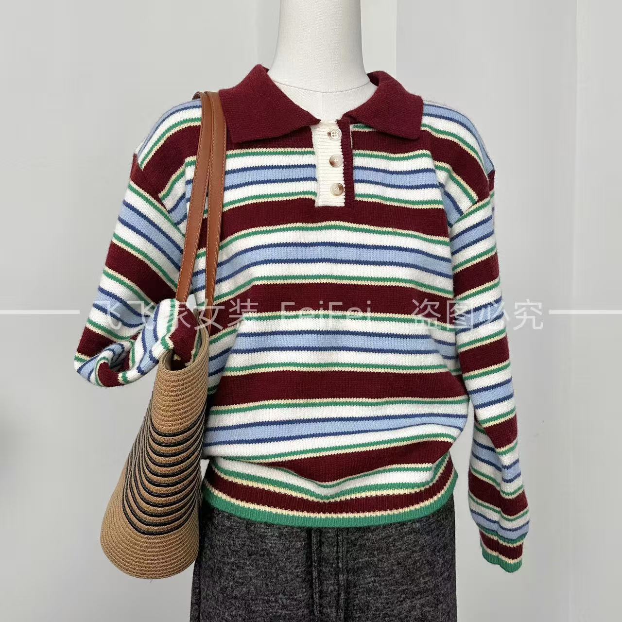 飞飞家~意法订单！！高级感Polo领 条纹撞色#针织衫女显白洋气Y9038