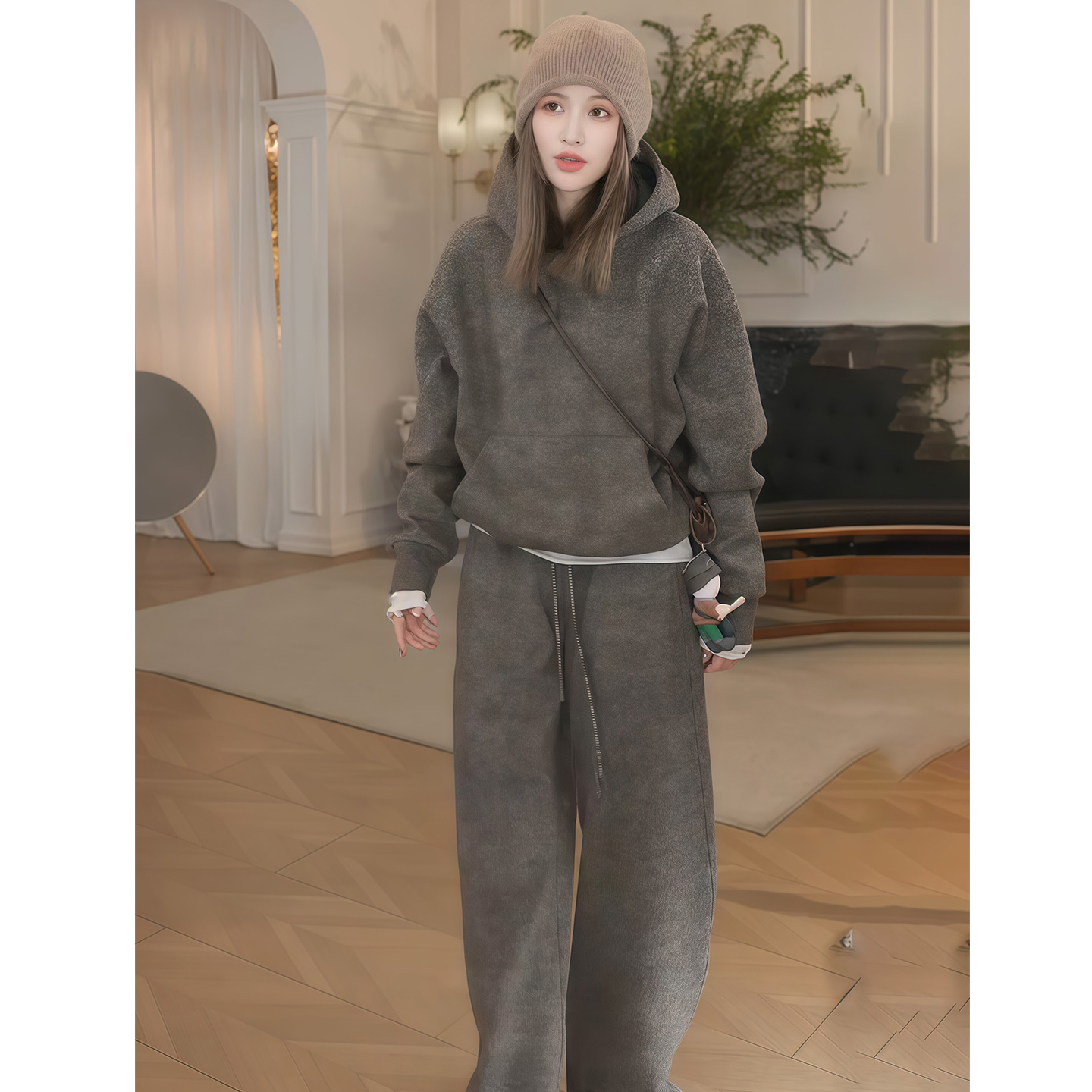 高级感老钱风加绒加厚卫衣套装女秋冬休闲连帽复古运动服两件套潮