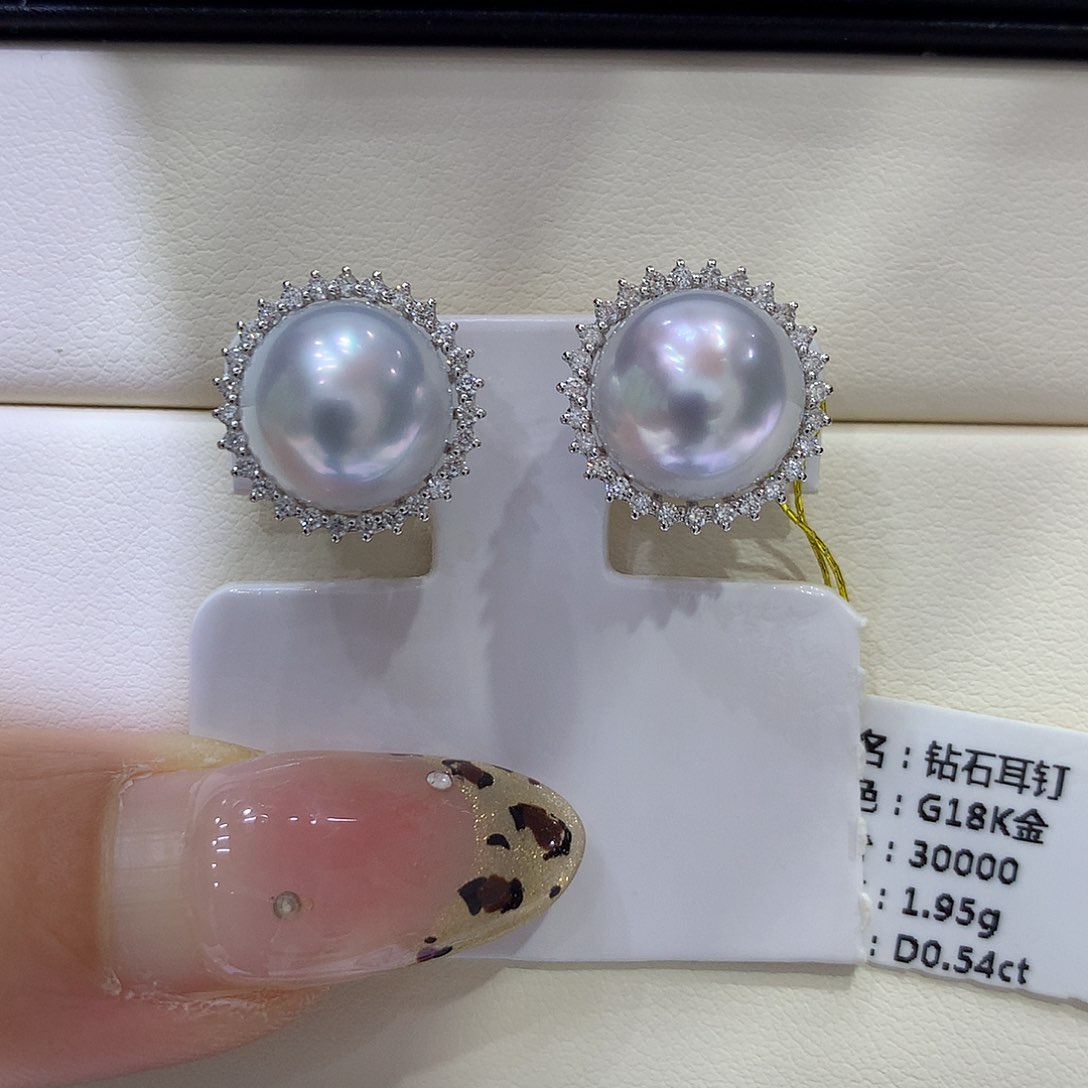 海水珍珠耳饰18K金镶嵌11/12mm澳白