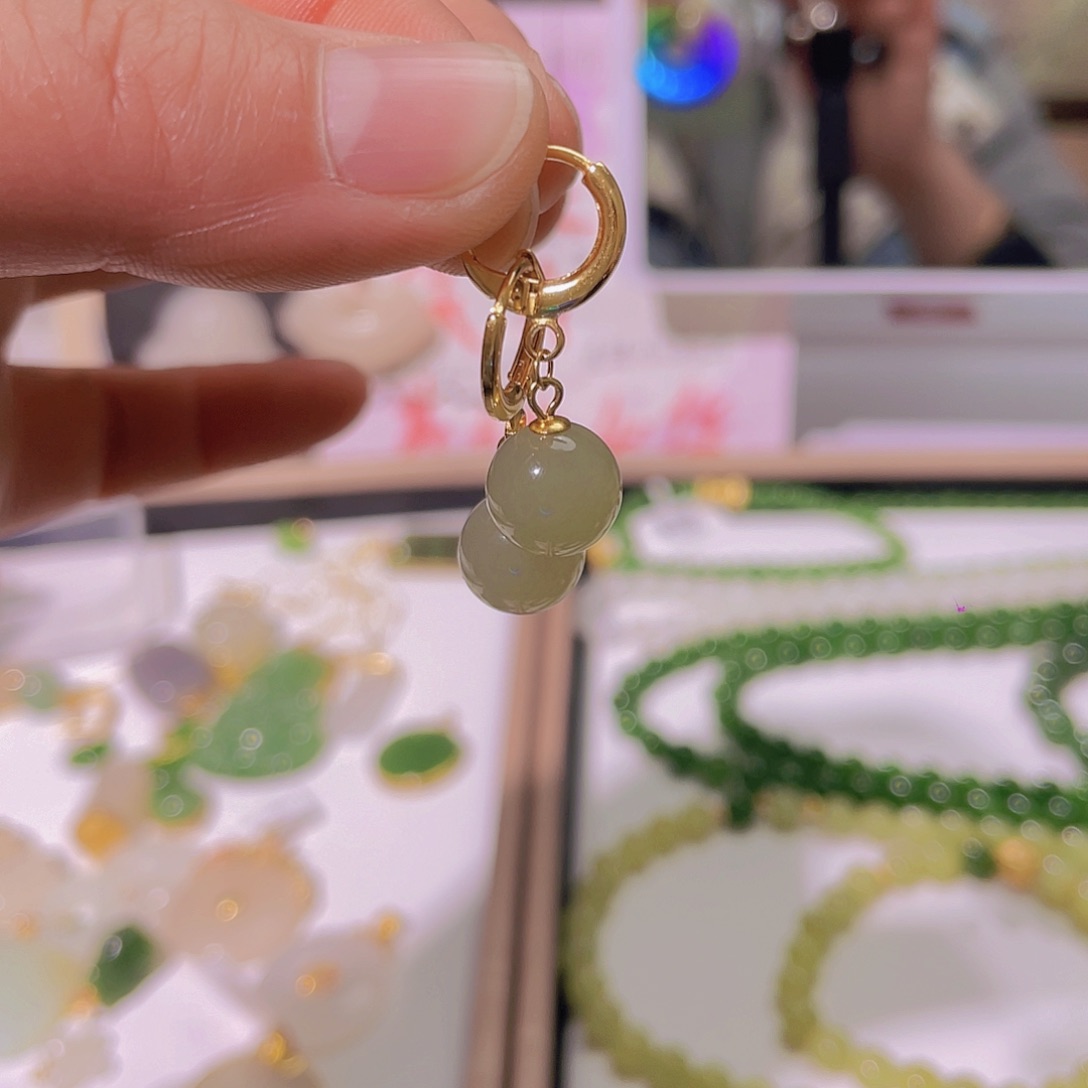 和田玉耳饰银S925镀金镶嵌