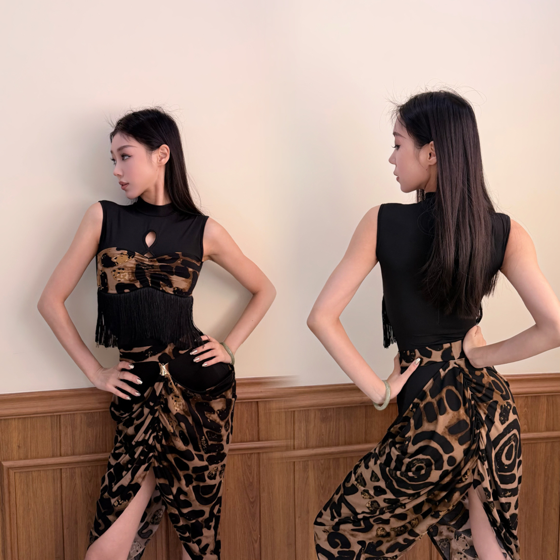 LOYAL舞服 【豹力美学】镂空小高领流苏 分体兜兜裙拉丁国标舞服